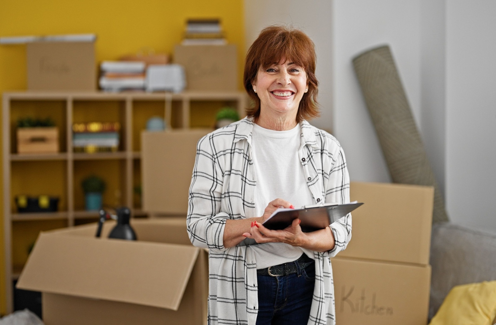 A senior holding a moving checklist on a clipboard smiles while surrounded by boxes, in the middle of downsizing for moving